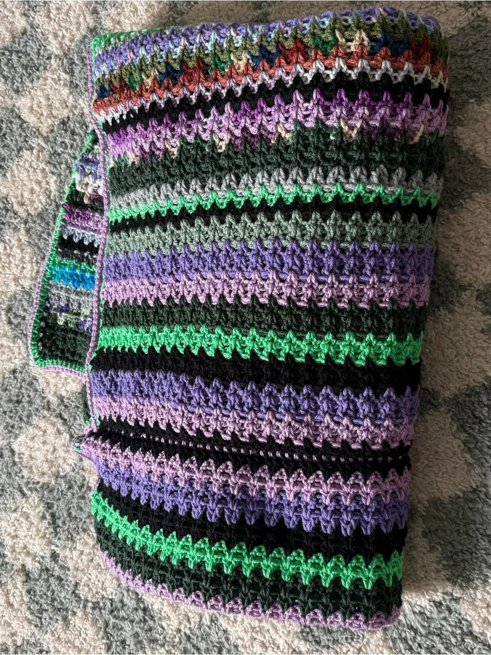 VTG Handmade Crochet Granny Square Afghan Blanket Throw Multi Color Boho Purple